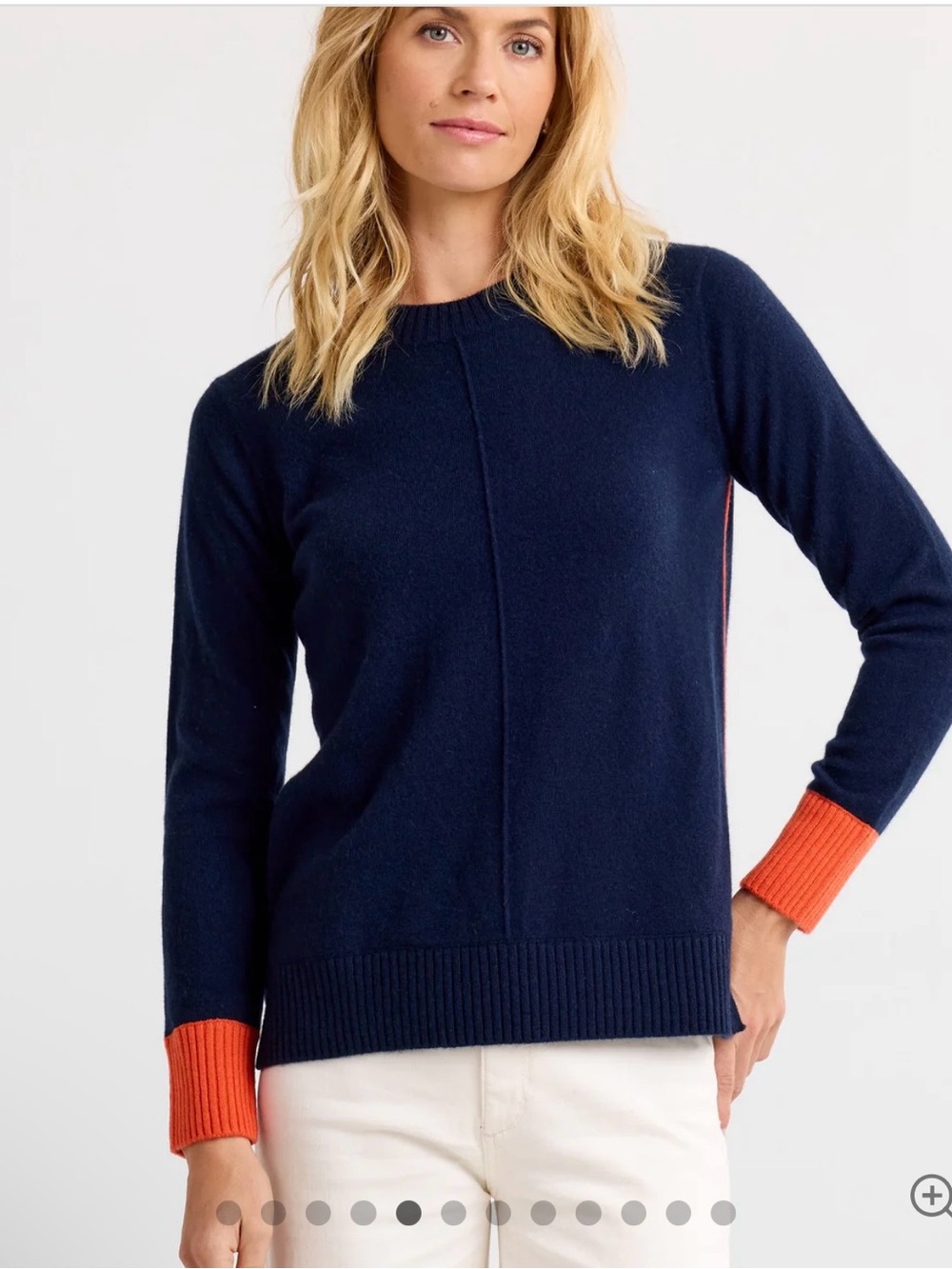 Cashmere Contrast Crew Classic Navy Crewneck Sweater with Orange Cuff Accents